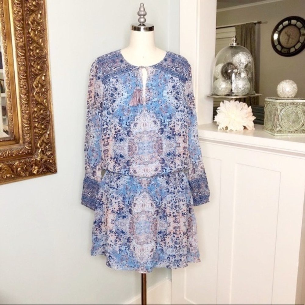 Joie Aidee Blue Printed Silk Chiffon Long Sleeve Mini Dress Medium - Picture 4 of 8